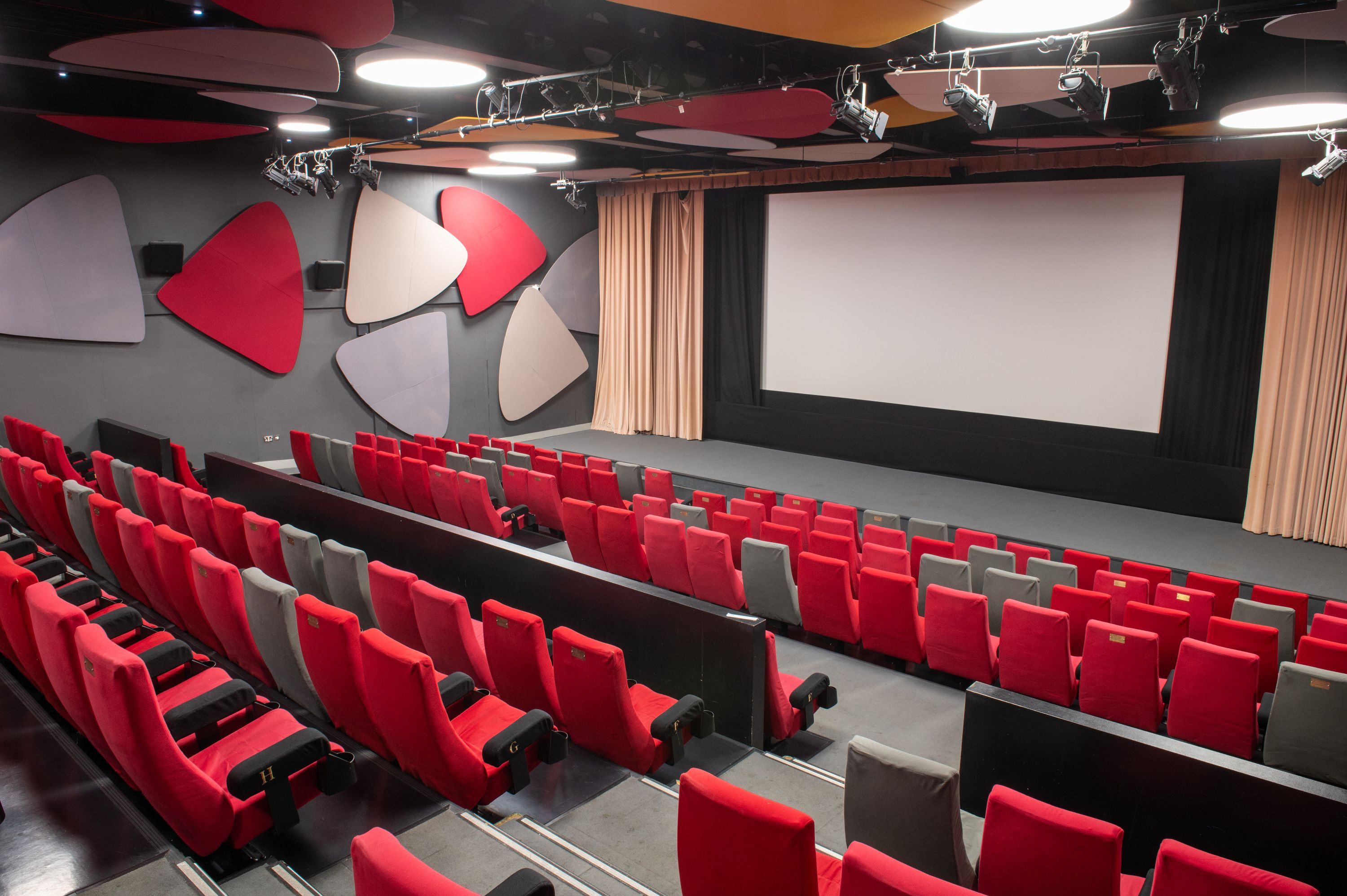 Image Credit: Jon Legge Rows of tiered red and grey cinema seating looking down on a cinema screen